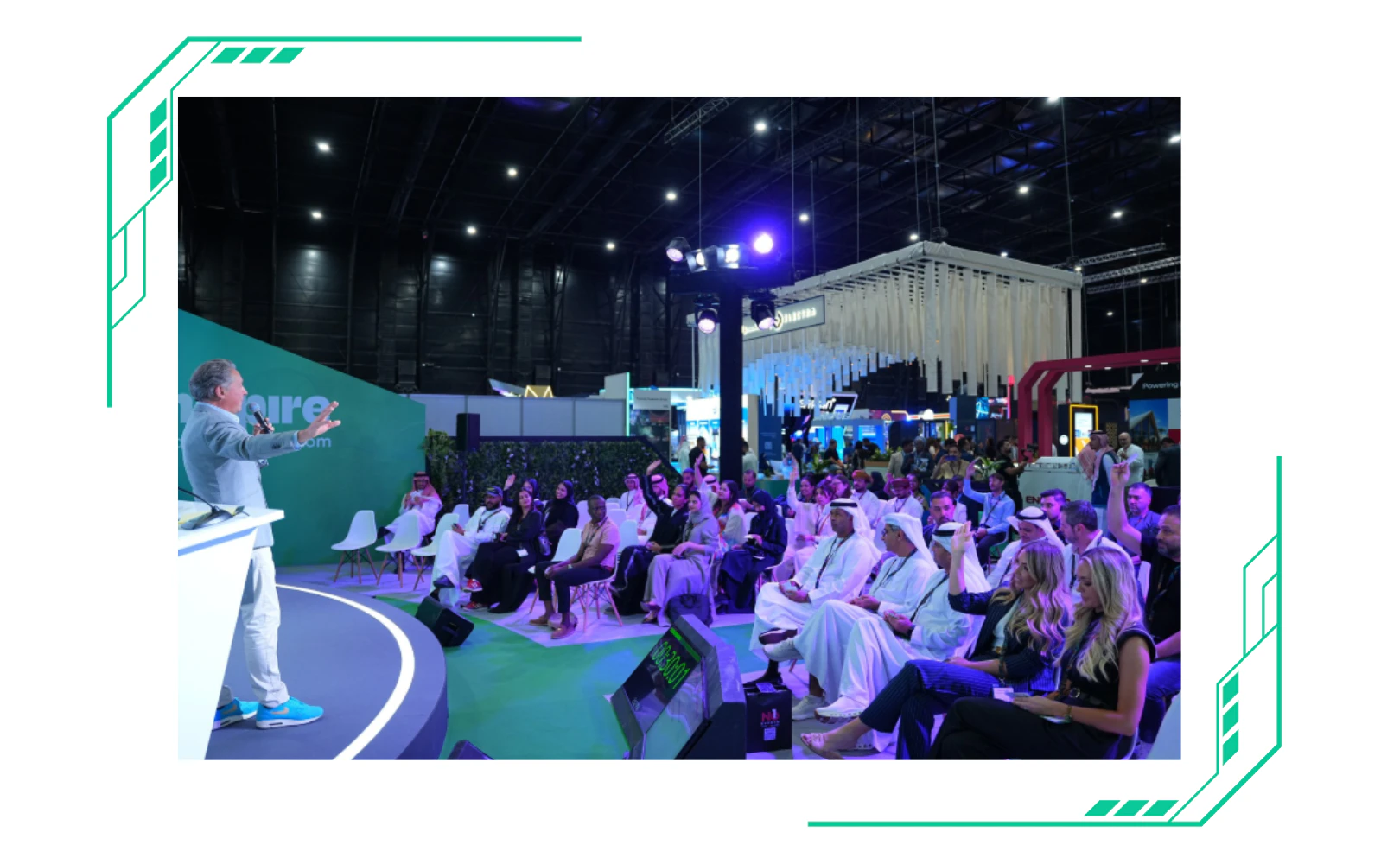 Audience attending a live panel session at Saudi Event Show 2025 seminar hub in Riyadh, focused on Saudi Vision 2030 and event innovation.