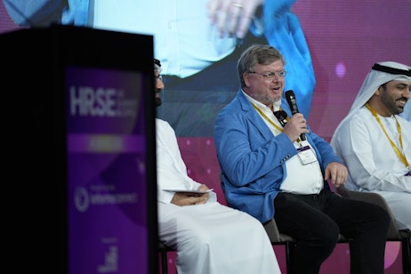 Panel discussion at HRSE Dubai (HR Summit & Expo) 2025 with global HR leaders sharing insights on leadership and strategy in UAE.