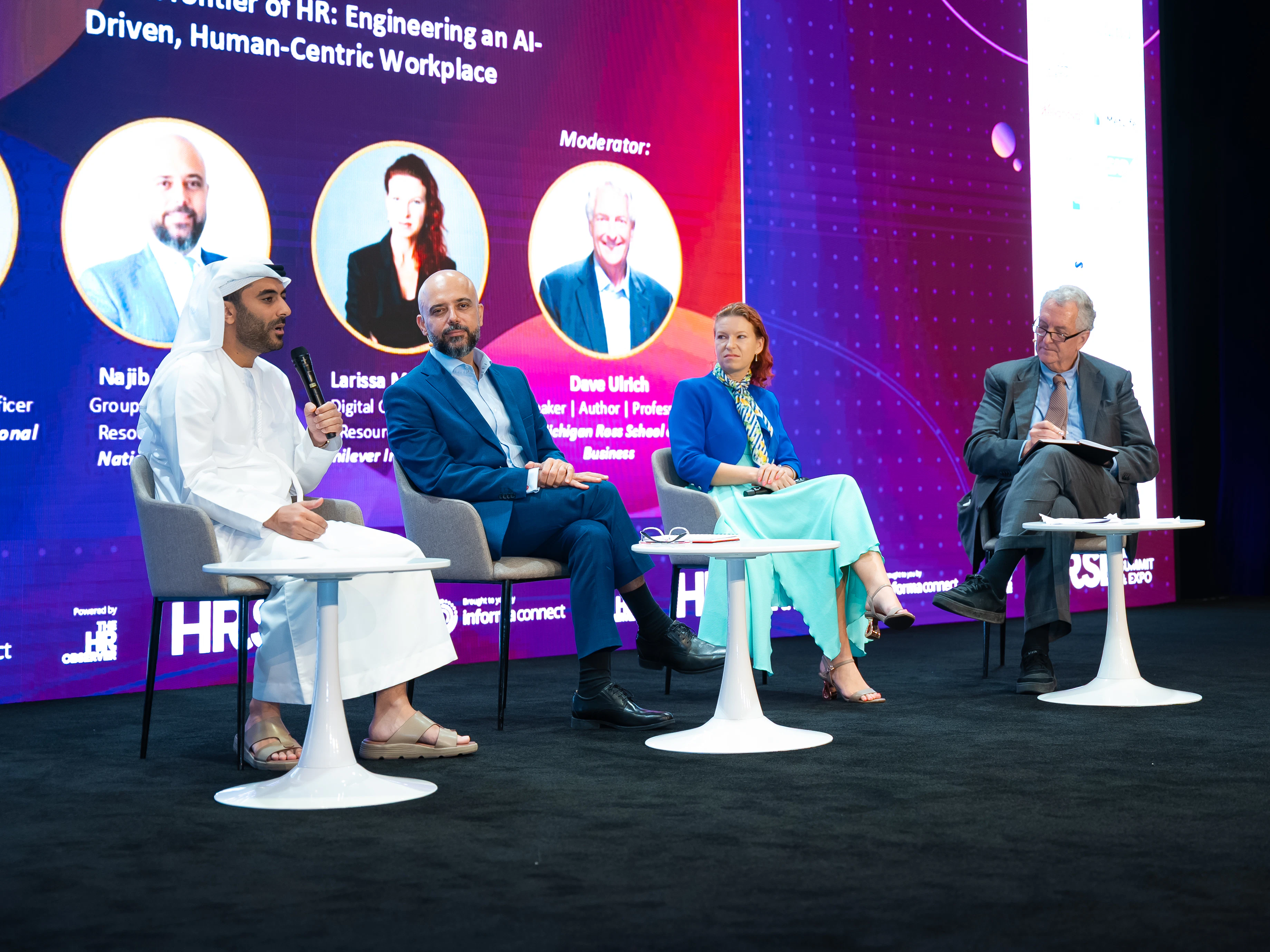 HR leaders on stage at HRSE Dubai 2025 discussing AI, leadership, nationalisation and workforce transformation in MENA