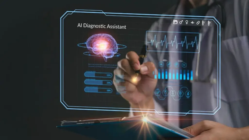 Médico a utilizar uma interface digital de assistente de diagnóstico por inteligência artificial com modelo 3D do cérebro e gráficos de dados de saúde.