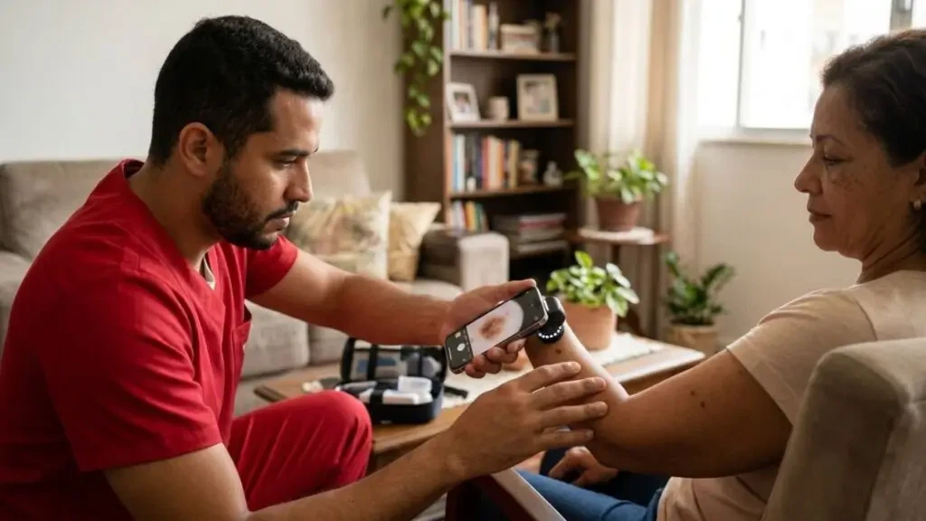 Profissional de saúde realizando atendimento domiciliar, usando um smartphone acoplado a um dispositivo digital para examinar a pele de uma paciente idosa em sua residência.