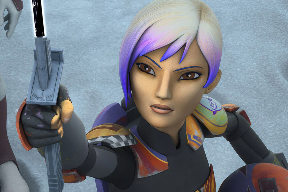 Sabine Wren confidently looks up while holding the Darksaber in her hand