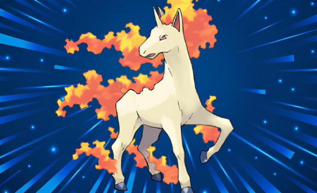 Rapidash, posing, holds its front left hoof up and stares with its head turned towards the left of the screen