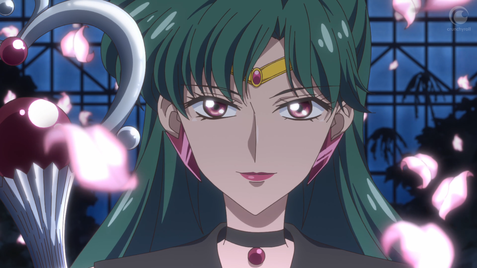 Sailor Pluto stares with a slight smile at the screen, around her sakura pedals fall, and she holds her scepter to her left.