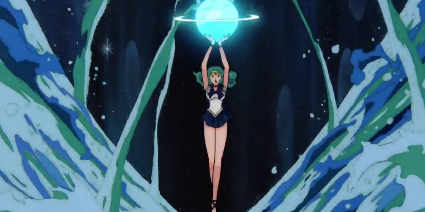 Summoning her power, Sailer Neptune hovers above massive waves. In her hands, a glowing blue orb forms.