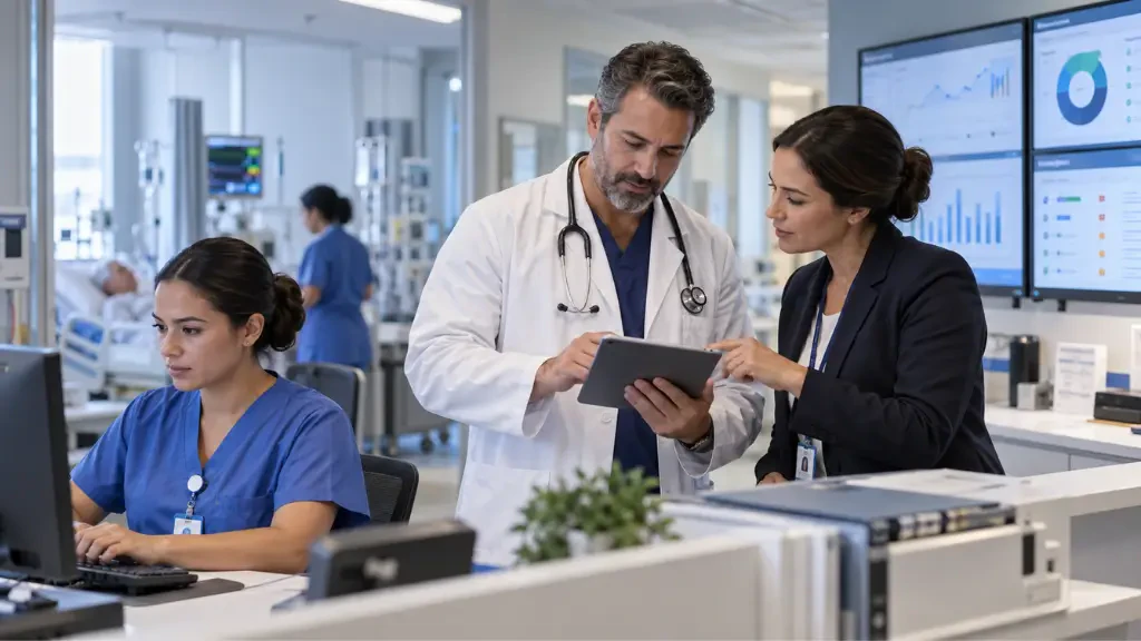 Médico e executiva analisando sistema de gestão em tablet com dados e gráficos hospitalares ao fundo.