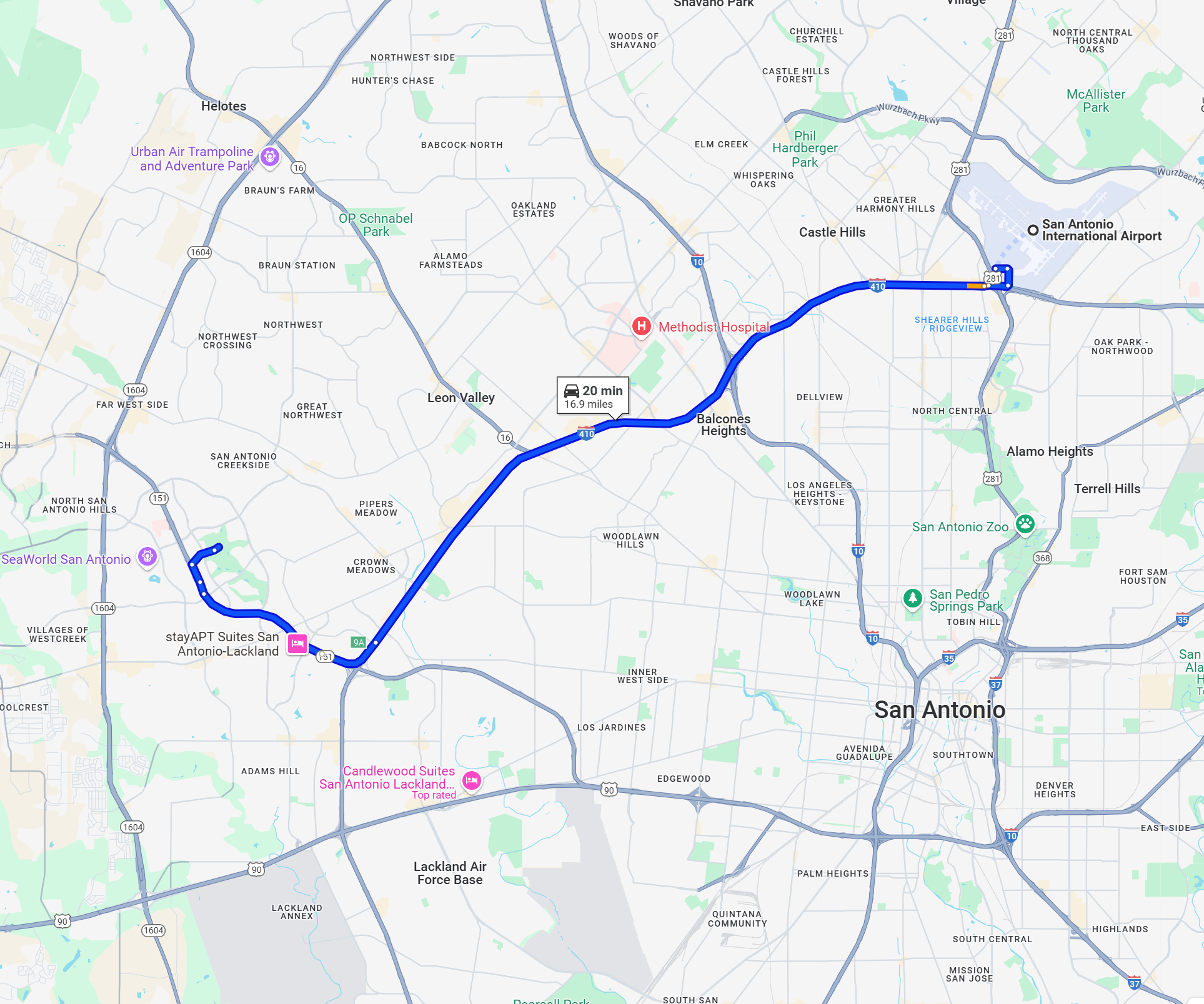 Google map directions from San Antonio Airport to Hyatt Regency Hill Country Resort and Spa