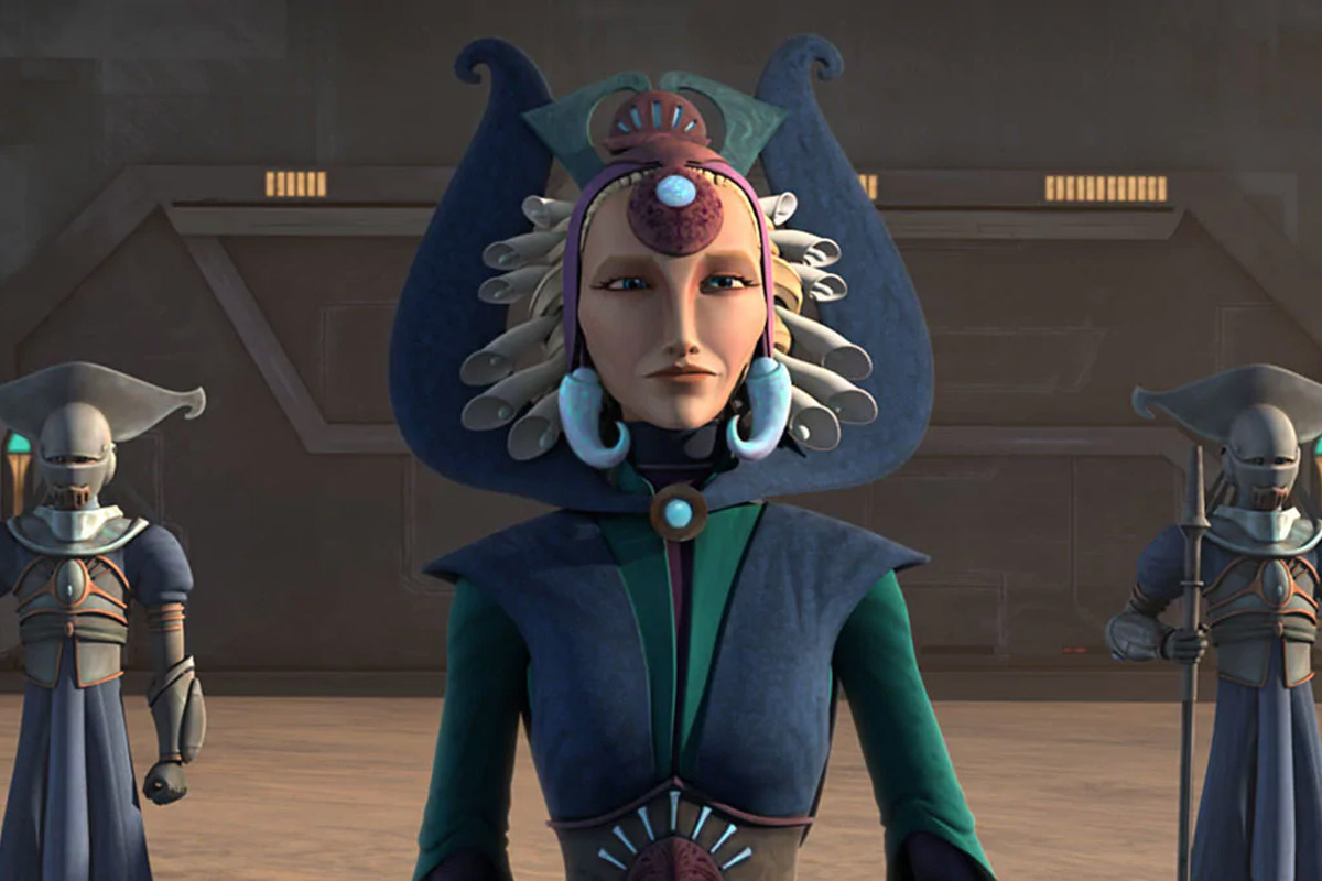 Duchess Satine stands confidently in a blue outfit with a guard on each side of her