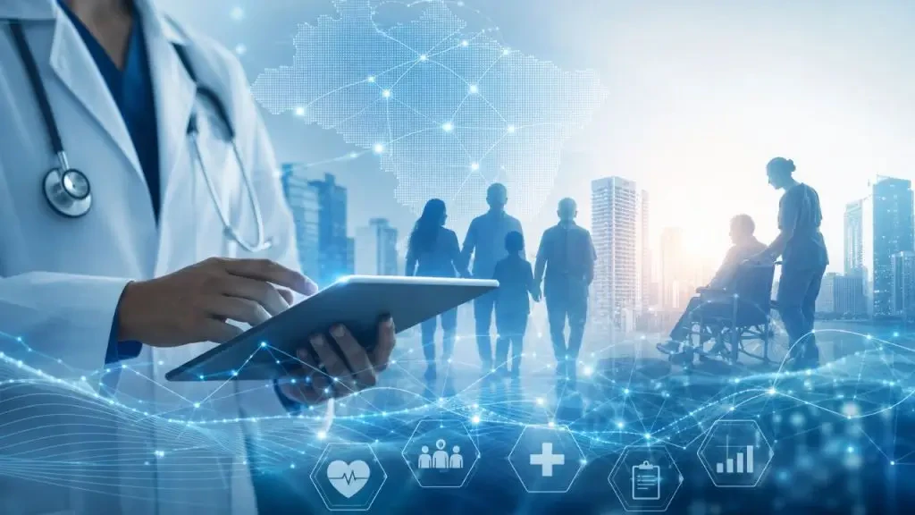 Médico usando tablet com gráficos digitais e mapa do Brasil, representando a inovação e transformação da saúde digital.