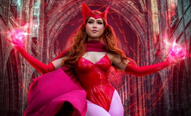 ElenaStrikes in cosplay as the Scarlet Witch with glowing red hands