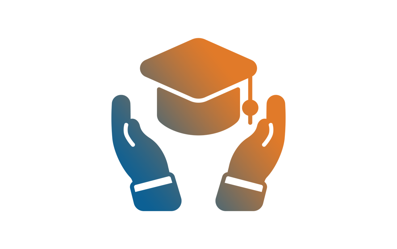 Icon of two hands lifting a graduation cap, symbolising scholarships and financial aid opportunities at Najah Dubai’s education fair.