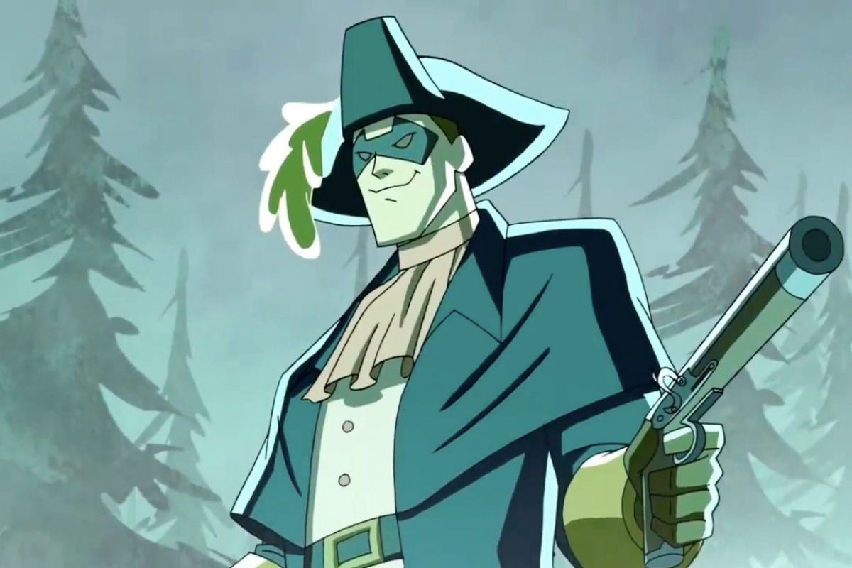 In a colonial looking attire, the animated man is holding an old timey pistol