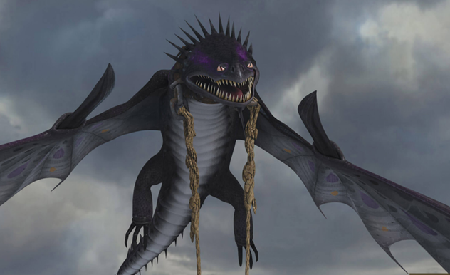 A black dragon with sharp quills, pointed teeth, and a lizard like appearance growls as he flies.