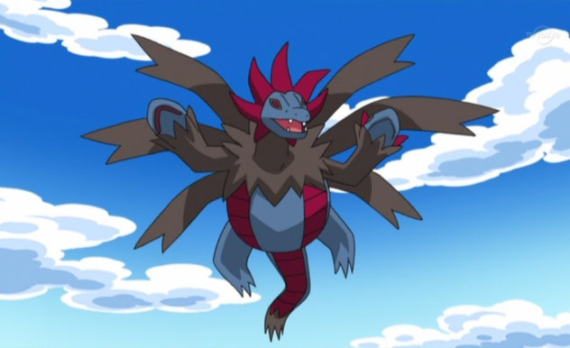 Hydreigon flies through a blue sky. One head faces downward, smiling, the others look forward.