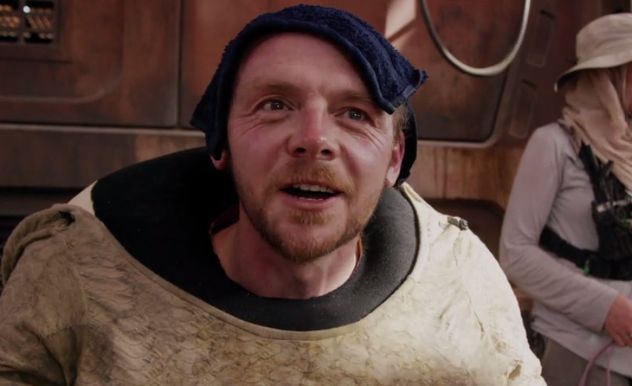 simon pegg on set in a funny alien costume