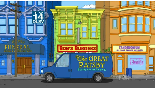 The Great Ratsby exterminators truck sits outside of Bob's Burgers, It's your funeral home and crematorium is hidden by a pole. The store next door is a yellow and purple sign reading Tandemonium All Your Tandem Bike Needs. The open sign is a tendem bike, and one of the O's is a wheel