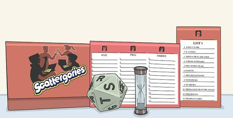 A graphic of what comes with Scattergories: an hourglass, a 26 sided letter die, the writing sheet, shield, and topics cards.
