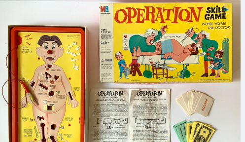 An original Operation game out of the box. all of the pieces are laid out including the board, the box, the money, and the instructions