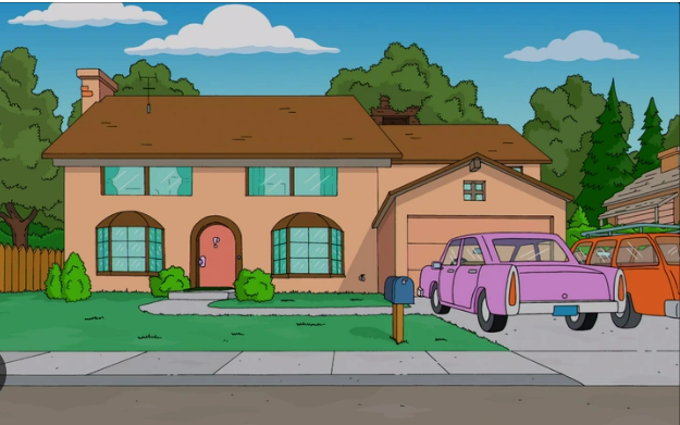 The front of the Simpson's home. Both cars are in the driveway and the street is quiet