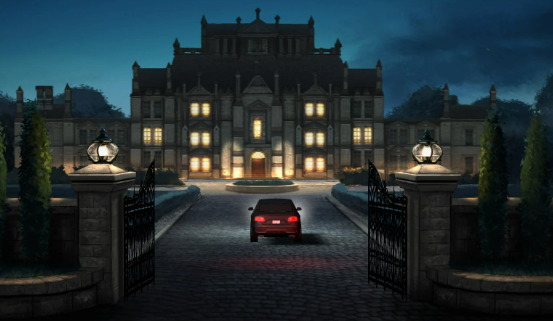 A red vehicle rides through the tall gates of Wayne Manor at dusk. The lights in the manor are brightly lit and the area is quiet