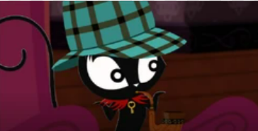 Doom Kitty, a black cat with large white eyes, wears a green sherlock holmes style hat and puffs a pipe detective style. She has a red flared collar with a key in the center. The middle of the key is a heart.