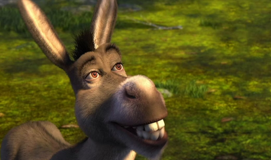 Donkey stands in the swamp, staring up at shrek mid thought