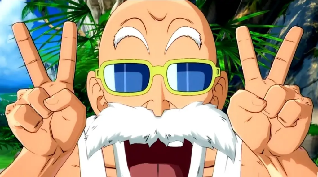 Master Roshi is right in front of the screen. In his signature yellow sunglasses and a white tank top. She smiles an open mouth smile and holds up a peace sign with both hands