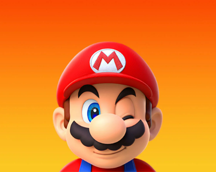 Mario stands in front of an ombre screen. He winks with his right eye at the camera
