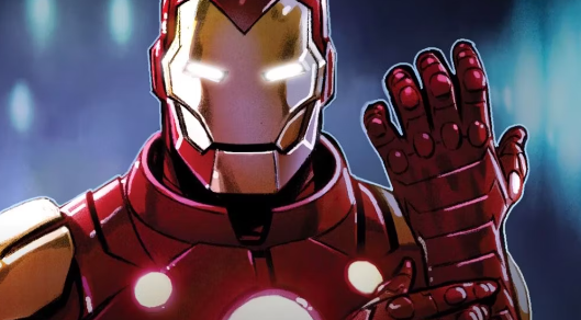 Iron Man, in his suit, slides the suit's metal gloves over his hand.