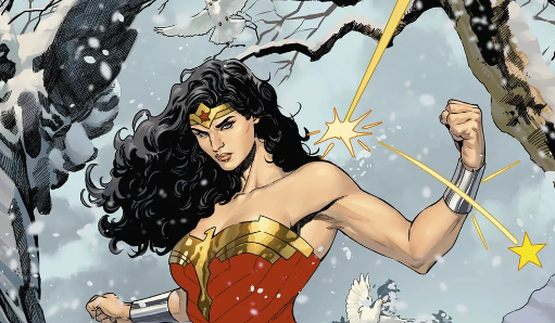Standing in the snow, Wonder Woman uses her cuff to deflect a shot.