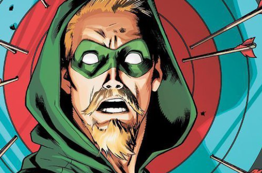 Green Arrow stars aghast at the reader. He stands in front of a target with arrows surrounding his head