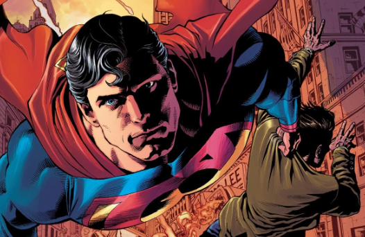 Superman flies through the city holding an enemy in his clutches.