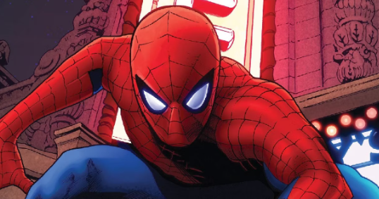 Spider-man crouches in his signature pose in front of a New York theatre.