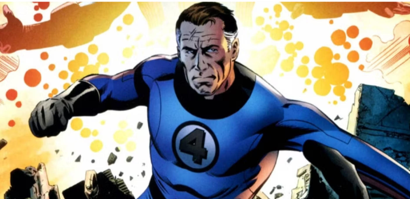 Mr. Fantastic holds his fist high as he goes to launch a punch at the enemy in his outstretched arm.