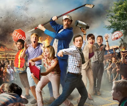 The adults brace for impact from the incoming zombie kids.