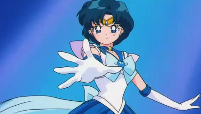 Sailor Mercury reaches toward the screen. She is on a gradient blue background and looks very stern.