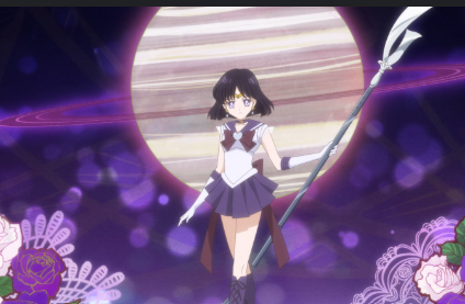Sailor Saturn stands with Saturn behind her, and her scepter/blade in her right hand. Surrounding here is white and deep purple roses.