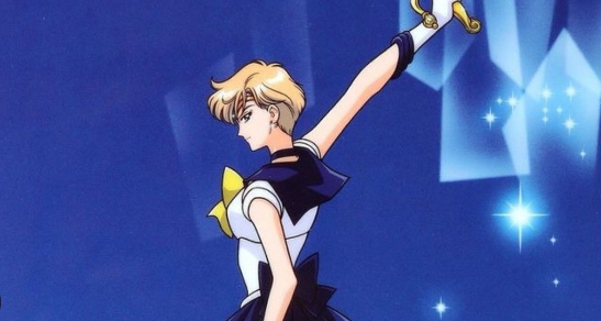 Sailor Uranus stands, visible by her profile. She wields her sword in her right hand.