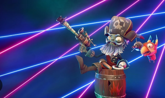 Captain Deadbeard climbs out of a wooden barrel, the background is red and blue lasers. Beside him is his parrot head counterpart.