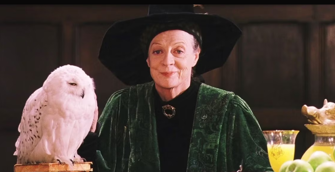 Professor McGonagall sits at her desk, her owl poised on a small book to her left.