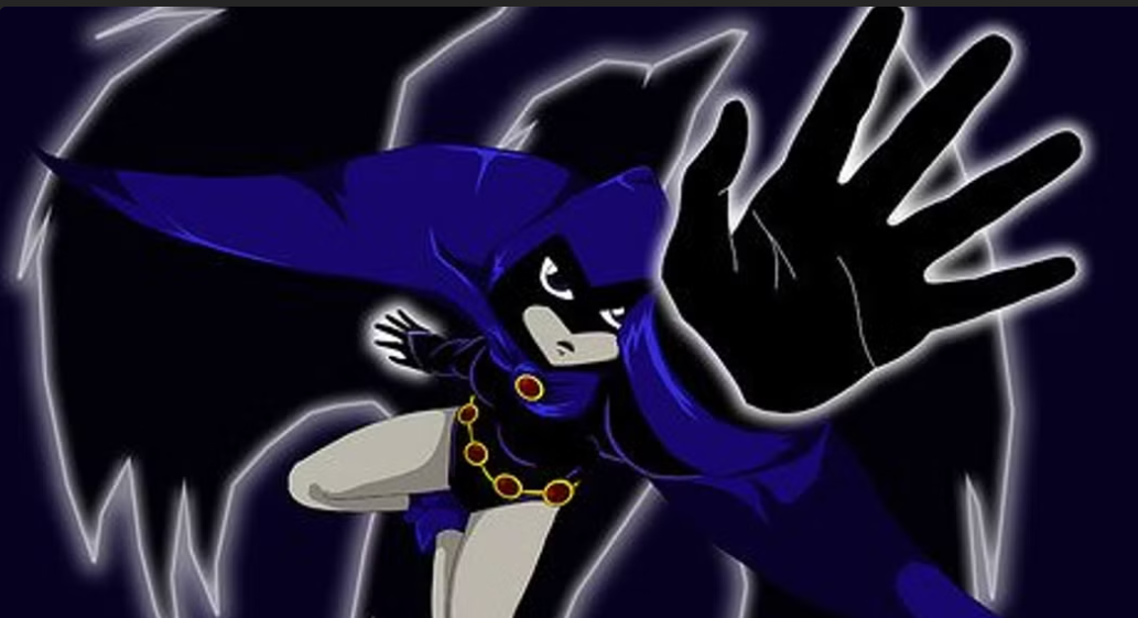 Wearing her signature cloak over a dark backdrop, Raven flies upward toward a foe.