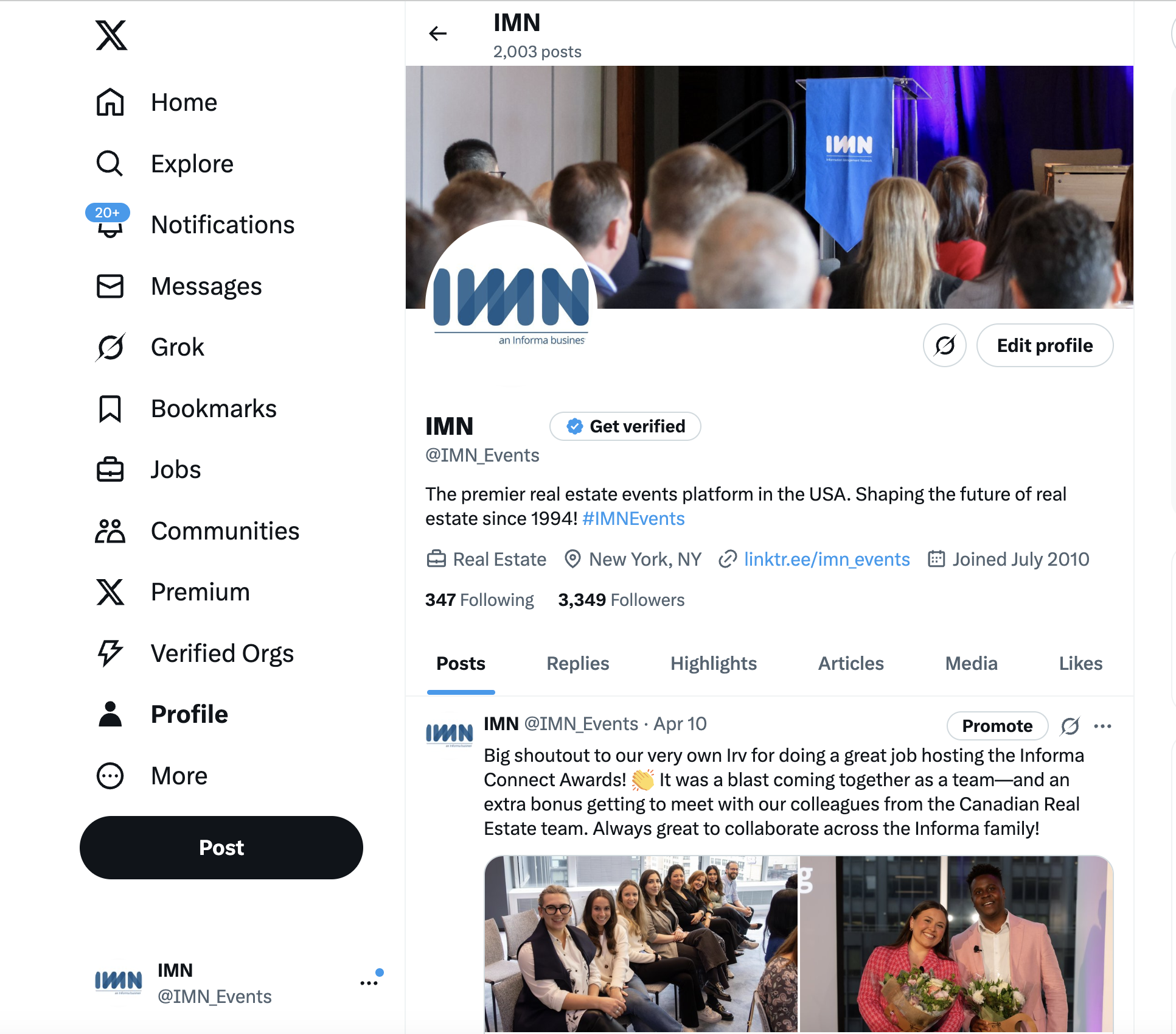 Twitter page for IMN