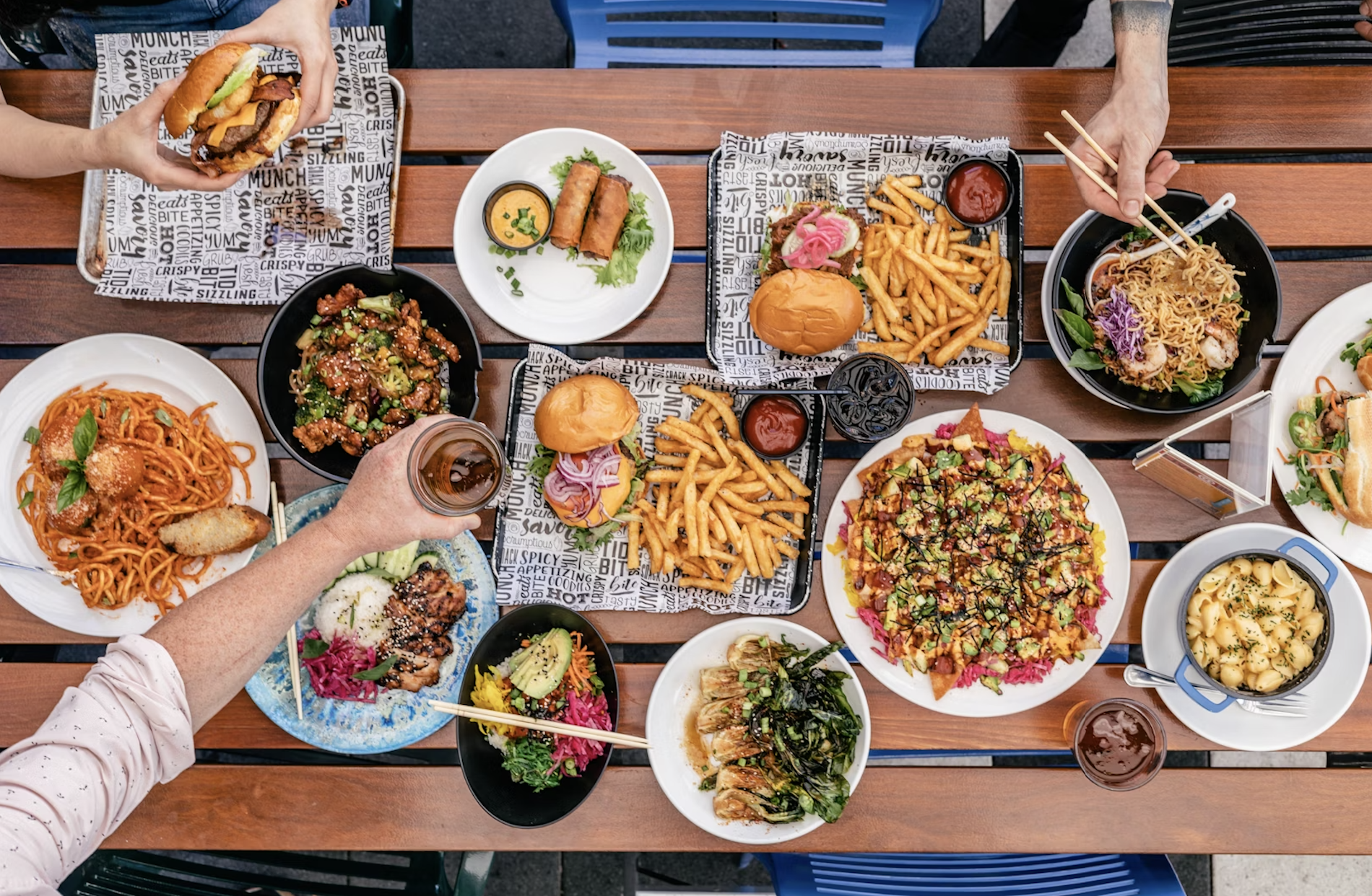 A large food spread showcasing different entrees.