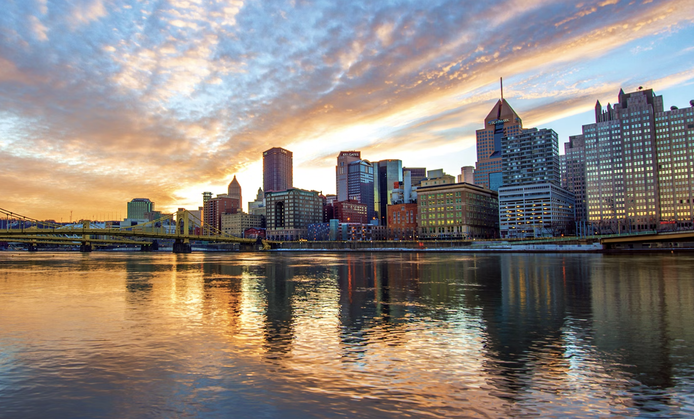 The sunset over the Pittsburgh skyline.