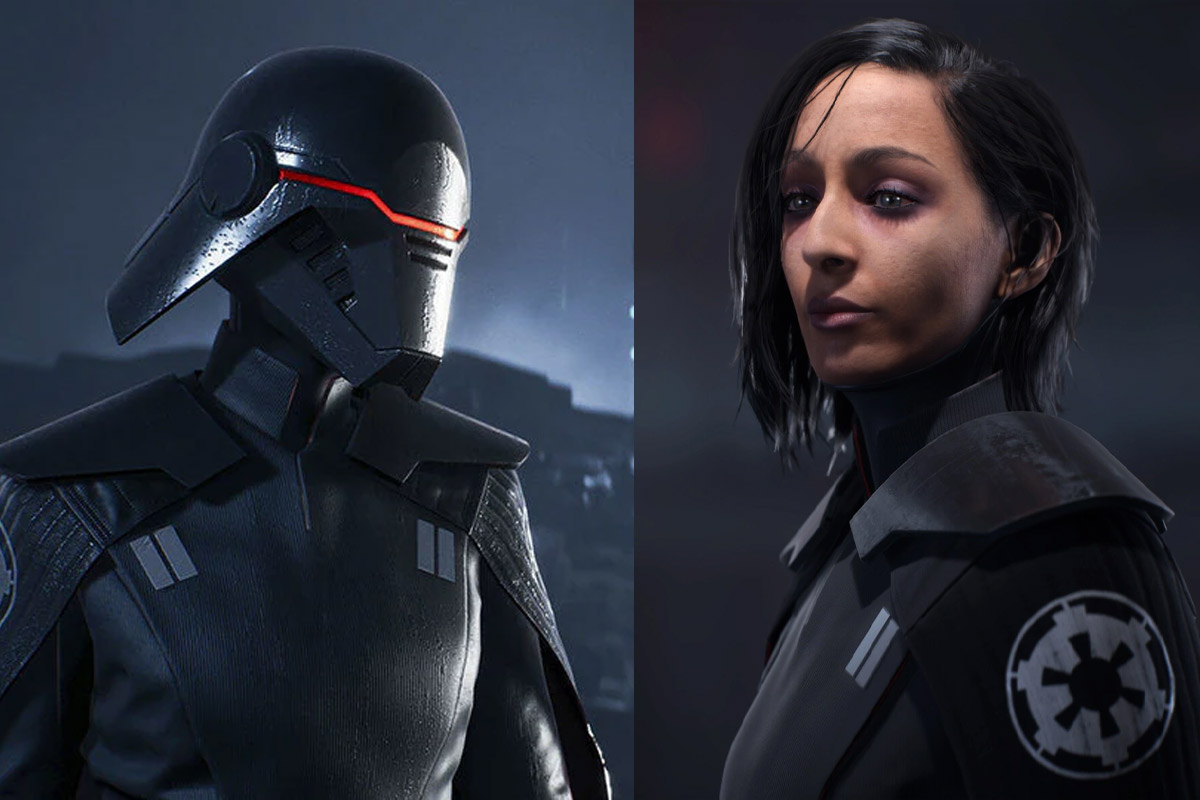 Left: the second sister wearing her black helmet with red visor. Right: the second sister unmasked.