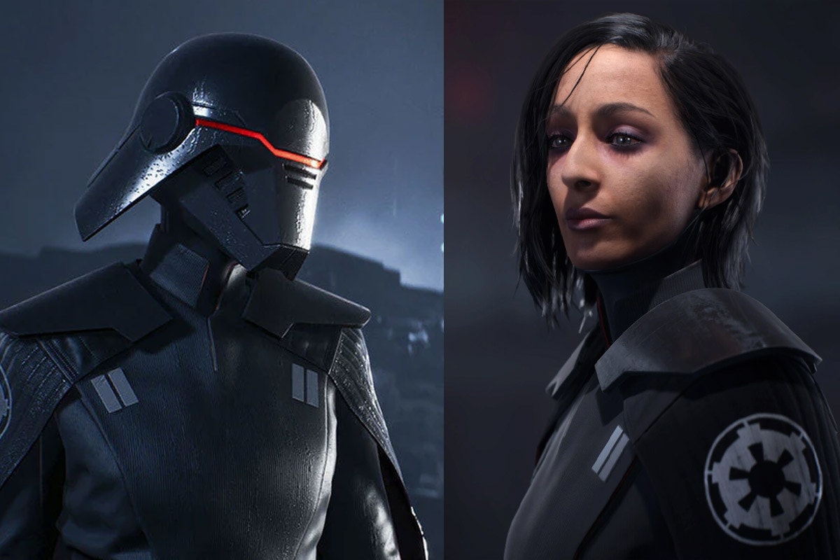 Left: the second sister wearing her black helmet with red visor. Right: the second sister unmasked.