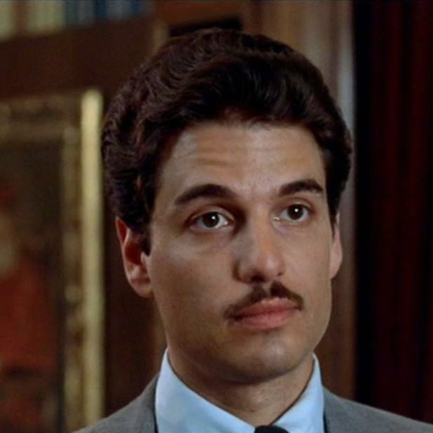Headshot of Chris Sarandon in a gray suit and a mustache.