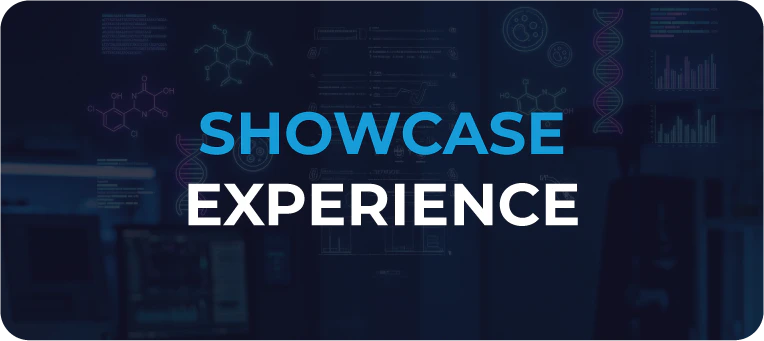 Banner da Showcase Experience do HIS 2026 com fundo tecnológico em tons de azul, exibindo gráficos, estruturas químicas, DNA e interfaces digitais que representam inovação e tecnologia na saúde.