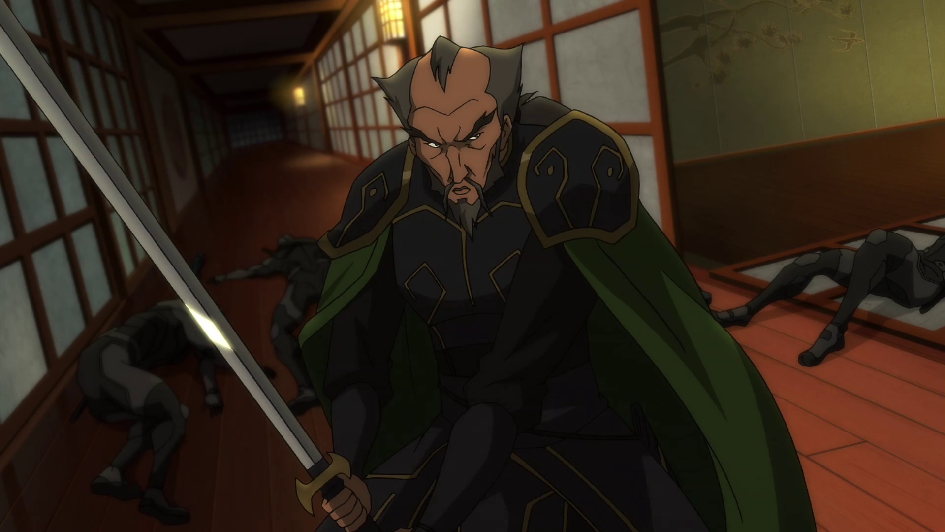 Ra's al Ghul holding a blade with bodies laid behind him.
