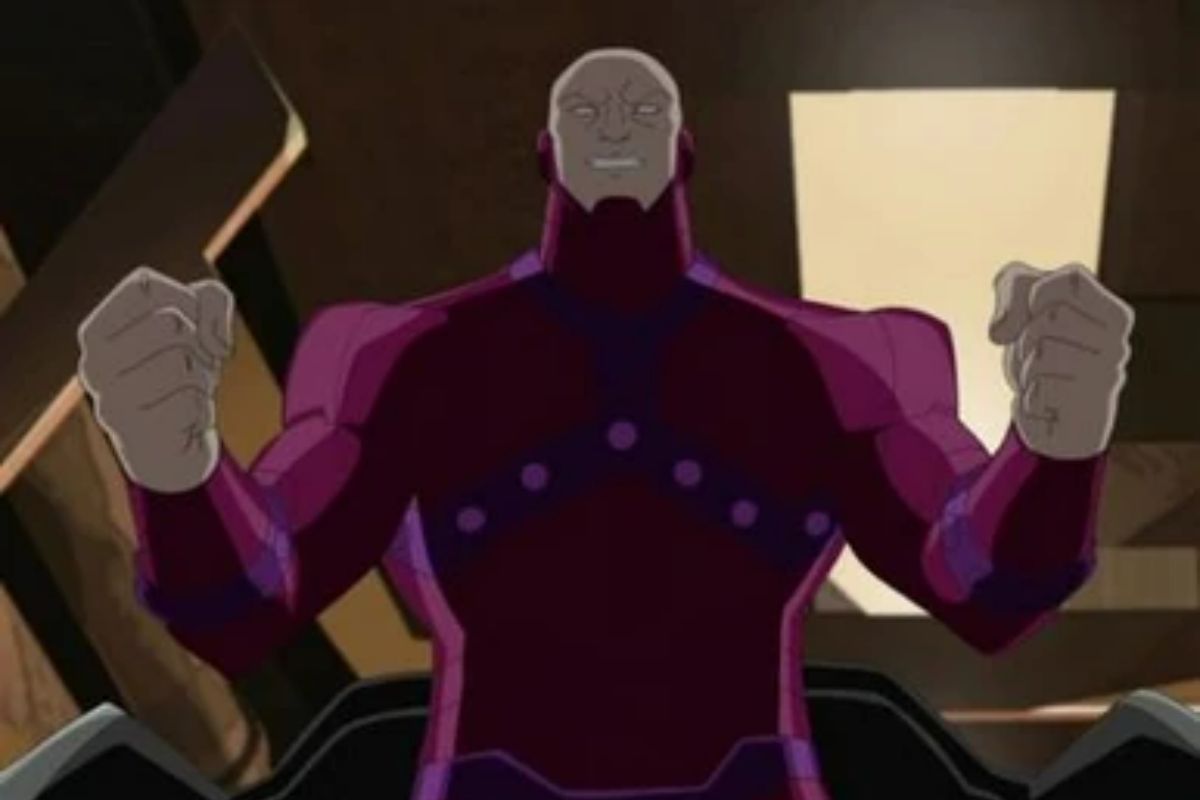 Bald man in purple villian suit